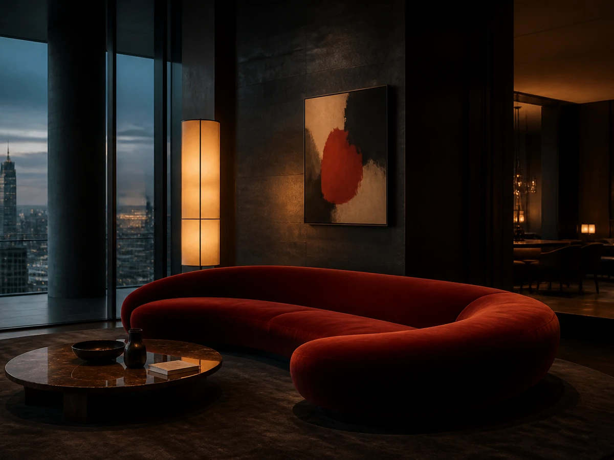 A penthouse living room with a red velvet sofa at twilight