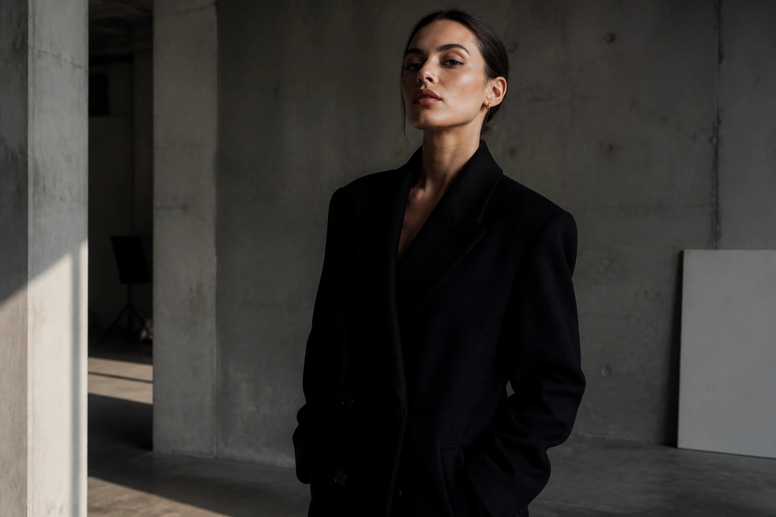 An editorial portrait reveal in a textured interior