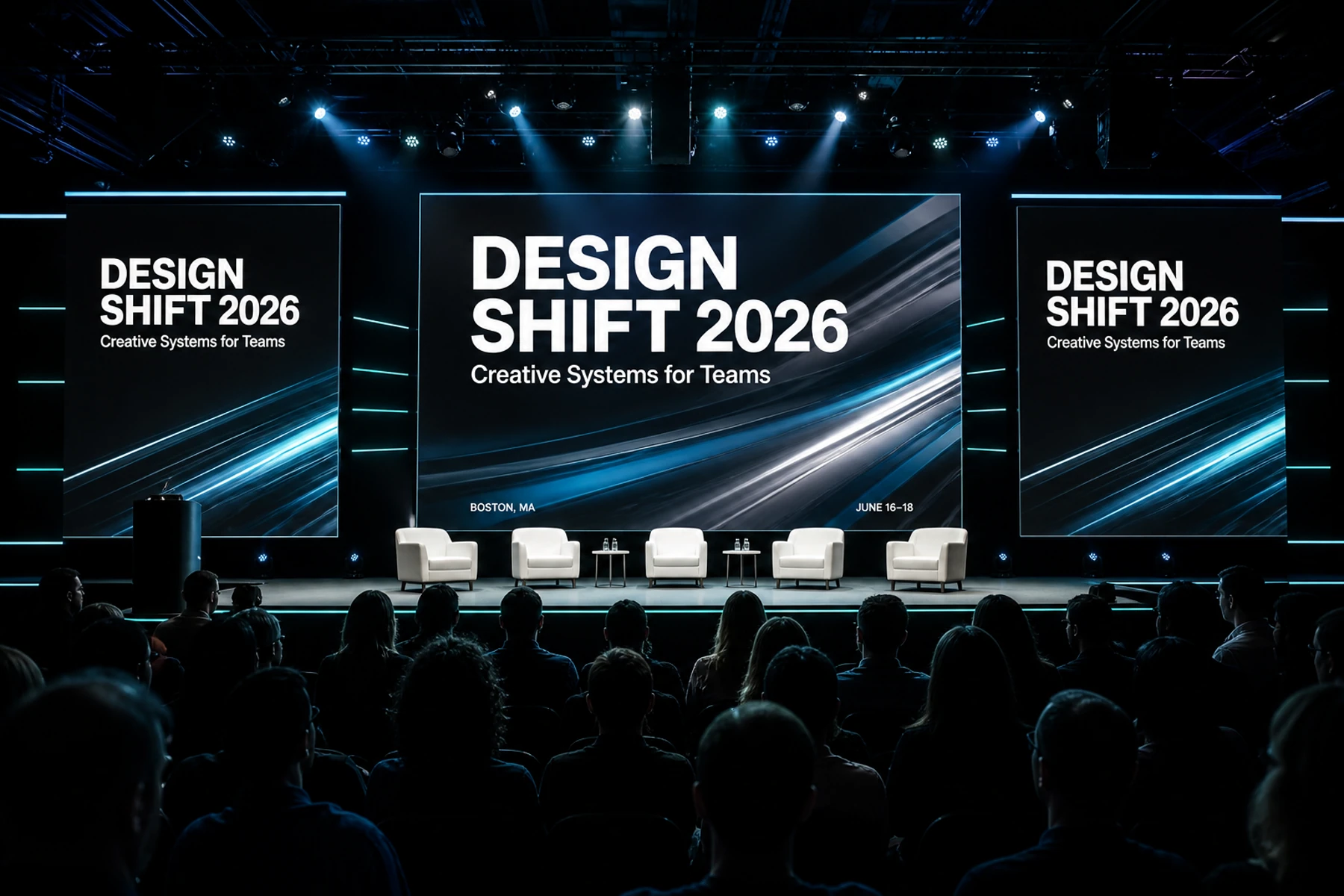 A conference stage with branded signage zoom